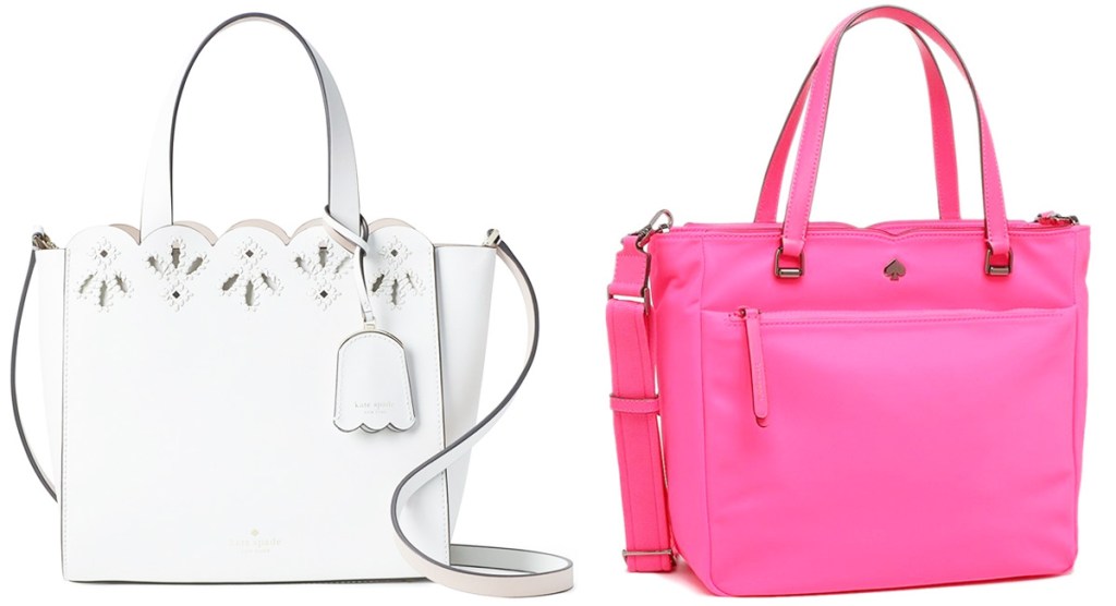 white leather kate spade purse with scallop trim and bright pink kate spade purse with zipper front pocket