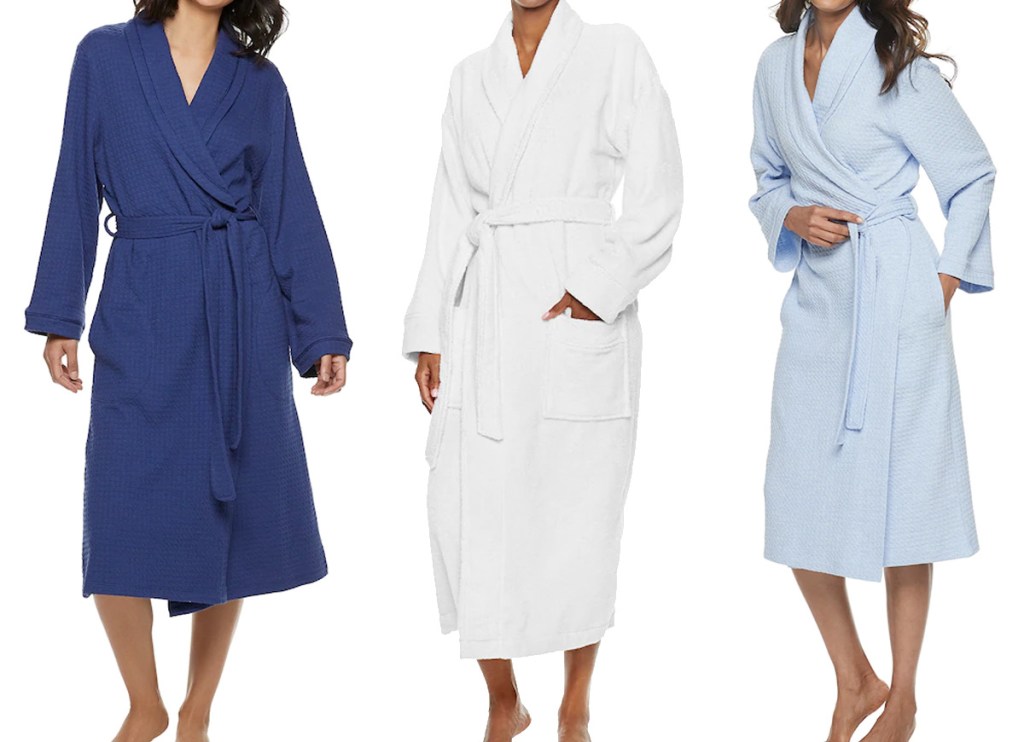 three women modeling bath robes in navy, white, and light blue colors