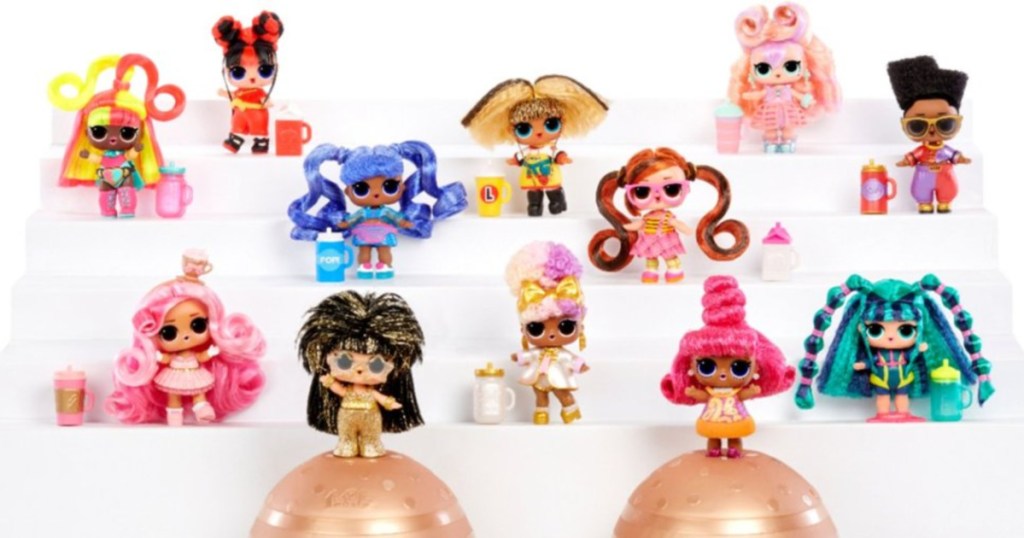 Multiple L.O.L. Surprise! #Hairvibes dolls standing on stairs next to each other