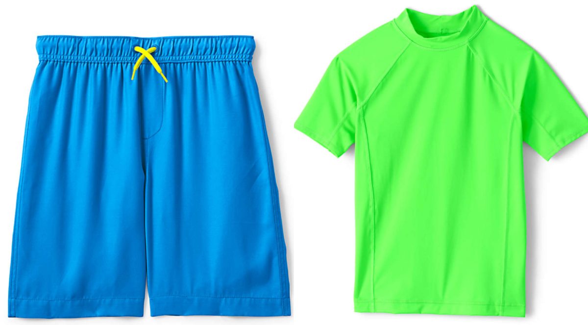 boys bright blue swim trunks and boys bright green rash guard