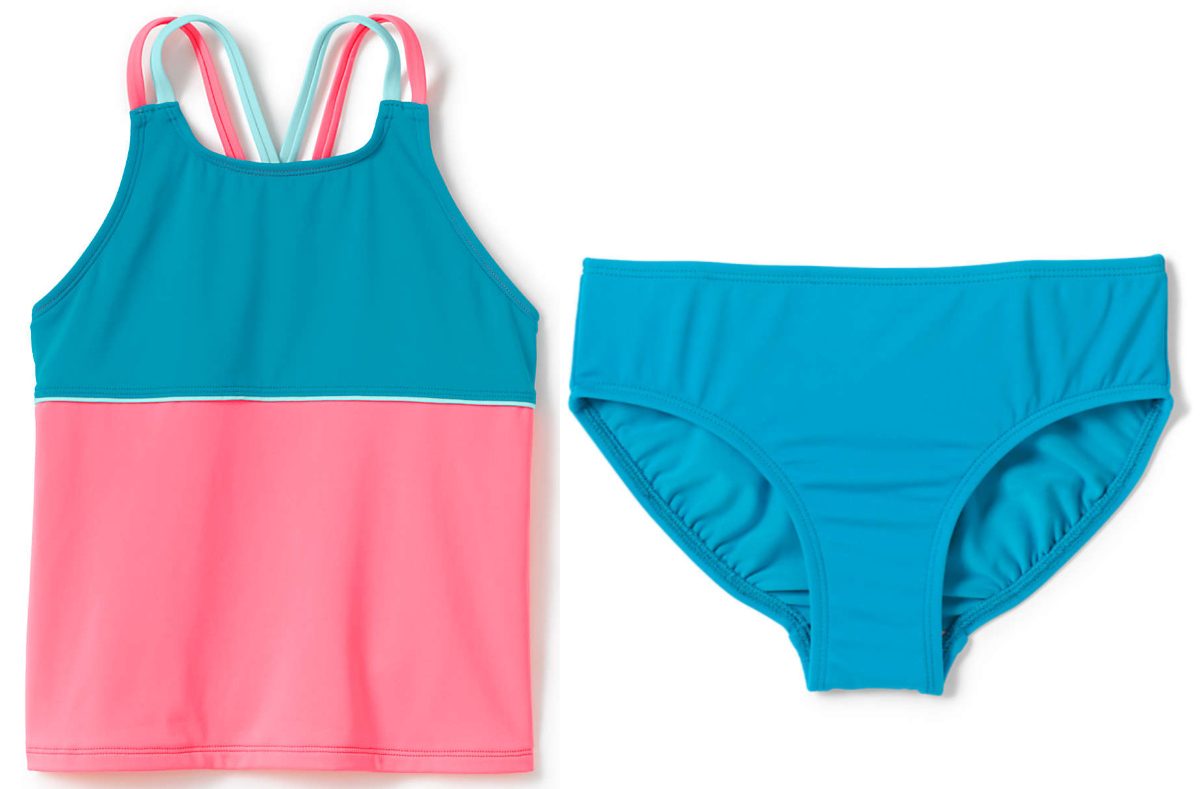 girls pink and blue tankini and girls blue swim bottoms