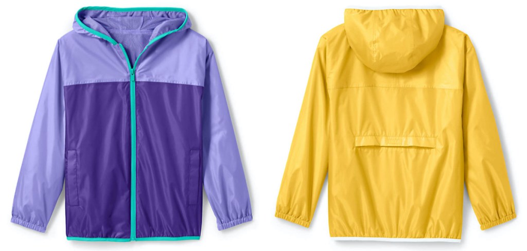 kids purple rain jacket and kids yellow rain jacket