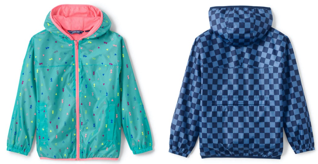 kids teal and pink print rain jacket and kid blue checkered rain jacket