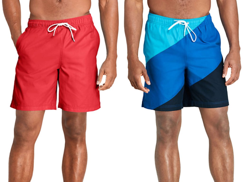 man in bright red swim trunks and man in blue and black color block swim trunks