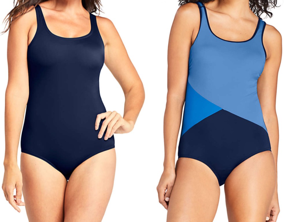 woman in dark blue one-piece swimsuit and woman in three shades of blue one-piece swimsuit