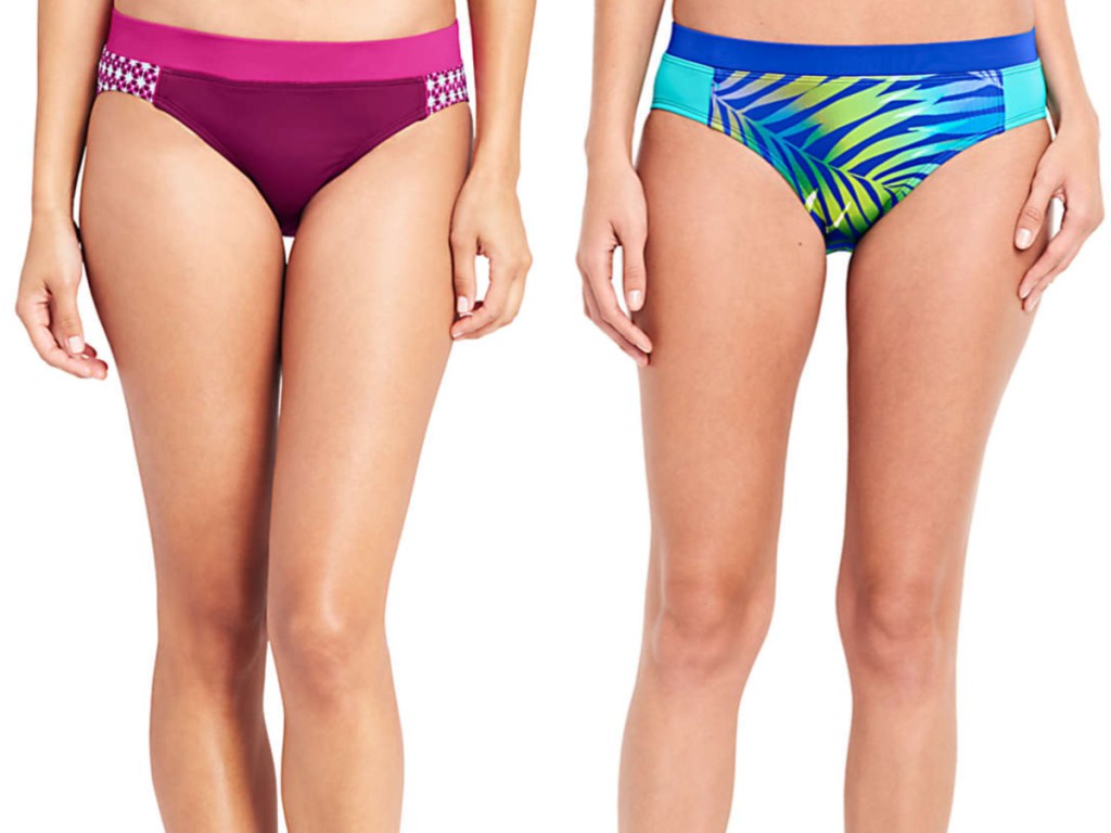 woman in pink and purple swim bikini bottom and woman in blue and green pattern bikini bottom