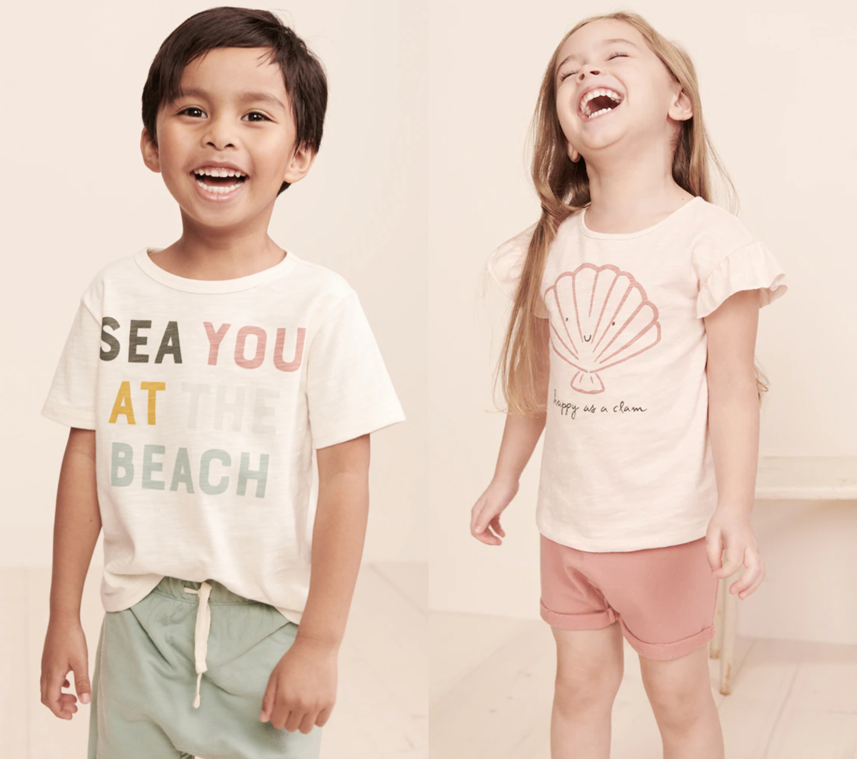 girl wearing pink clam shirt and boy wearing sea you at the beach shirt