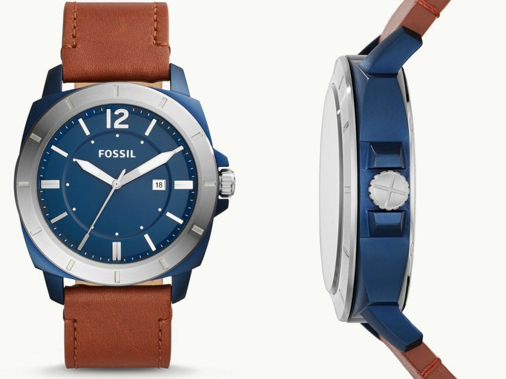 Men's leather watch with blue face front and side view