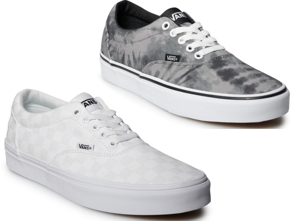 white pair and grey pair of mens van sneakers