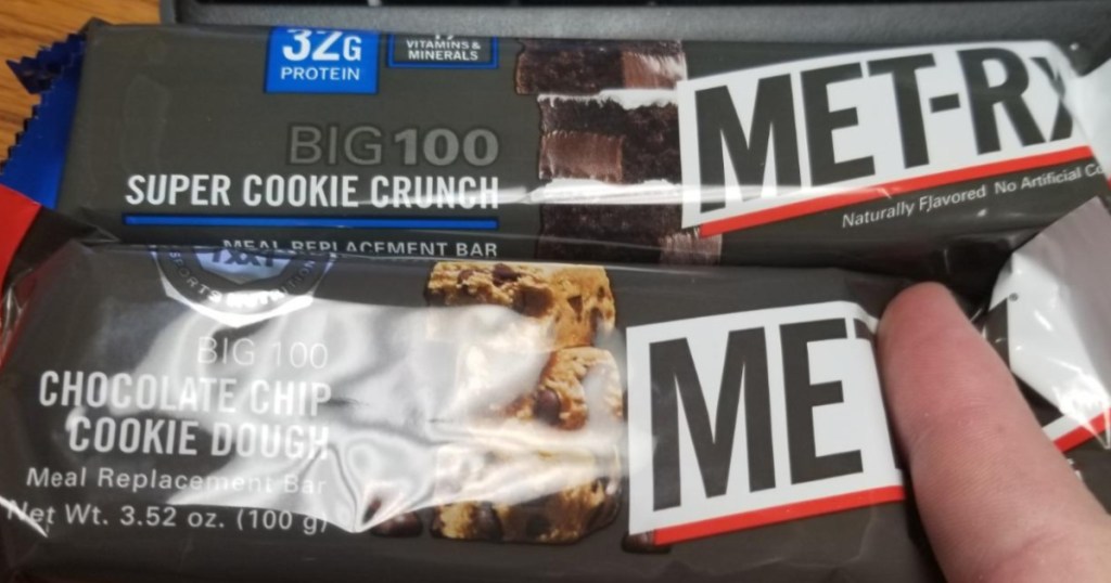 two Met-rx bars super cookie crunch and chocolate chip cookie dough