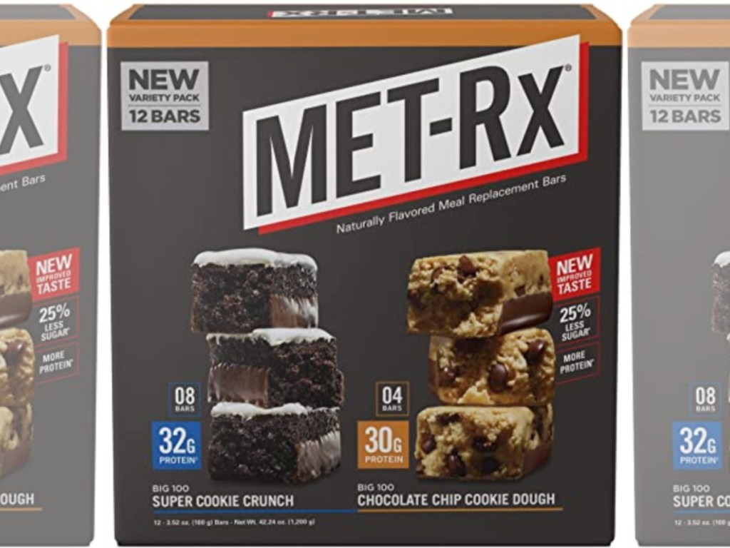 box of Met-rx bars super cookie crunch and chocolate chip cookie dough