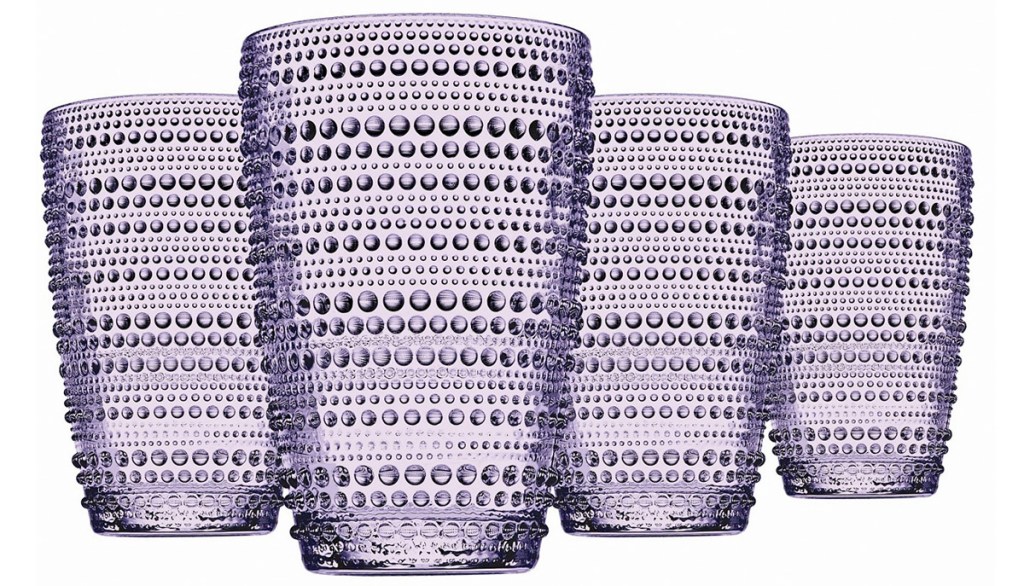 set of four purple glass tumblers with dot pattern