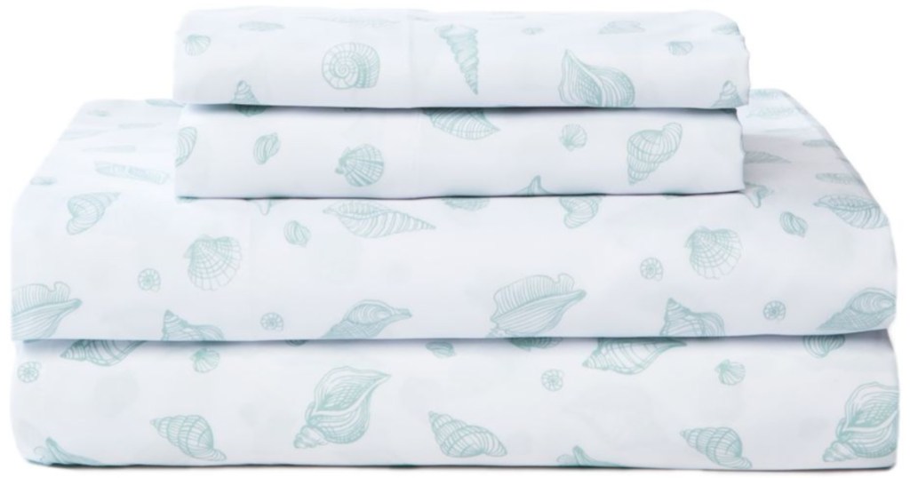 white with blue sea shells Modern. Southern. Home. Microfiber Sheet