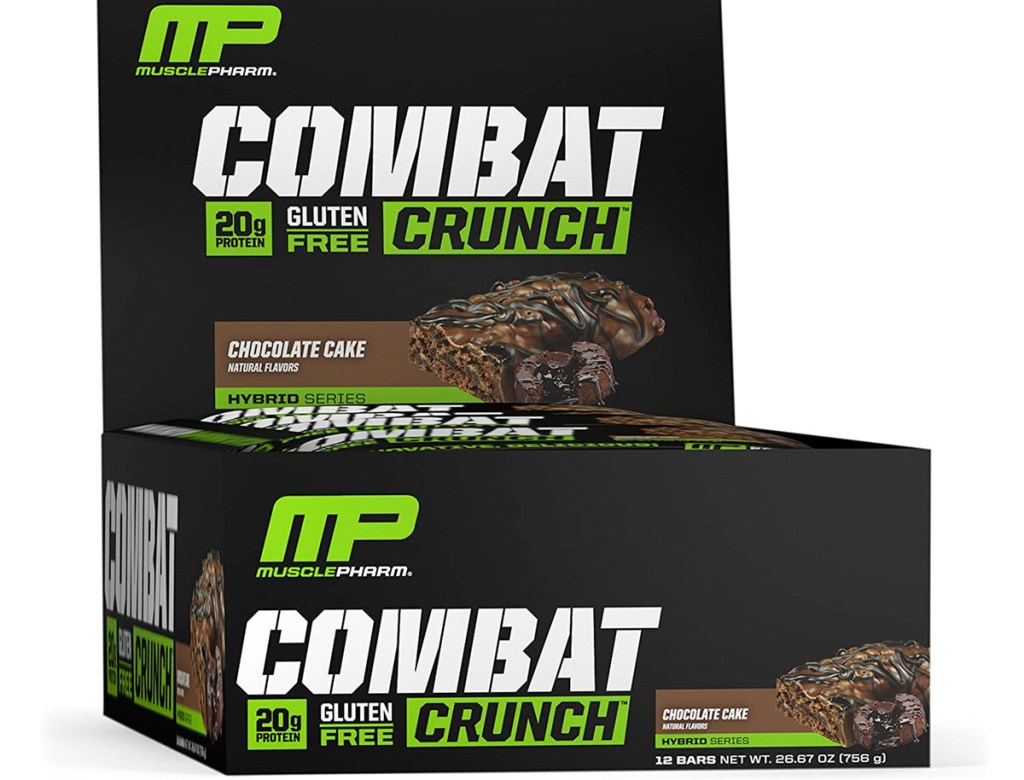 black box of 12 chocolate cake flavor musclepharm protein bars