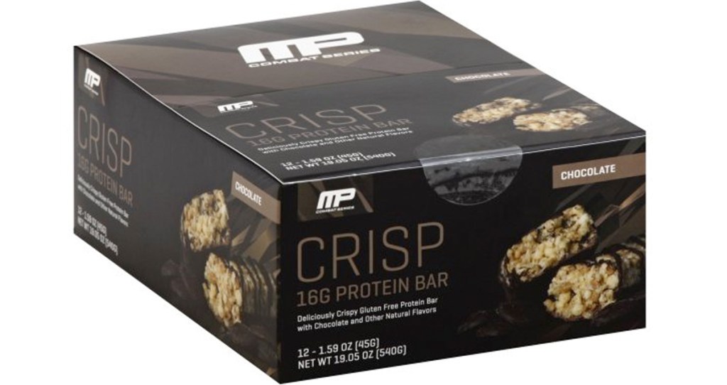 brown box of musclepharm chocolate crisp protein bars