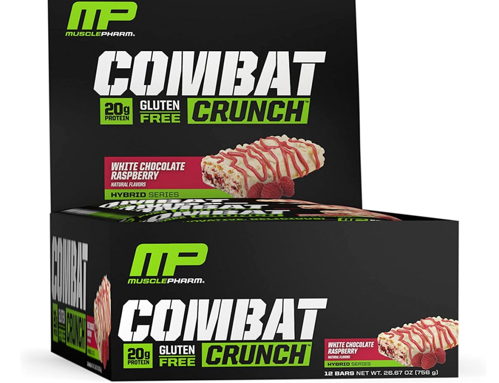 black box of 12 white chocolate raspberry flavored musclepharm protein bars