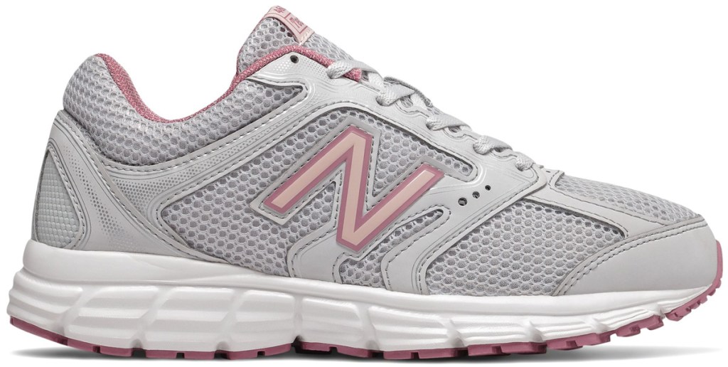 light grey new balance running shoe with light pink accents