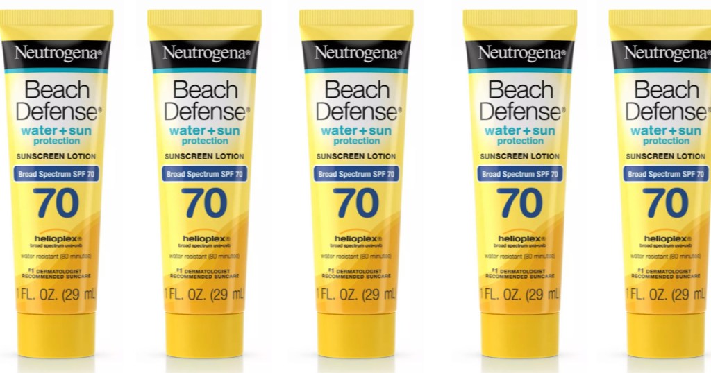 small bottles of Neutrogena beach defense sunscreen lined up next to each other