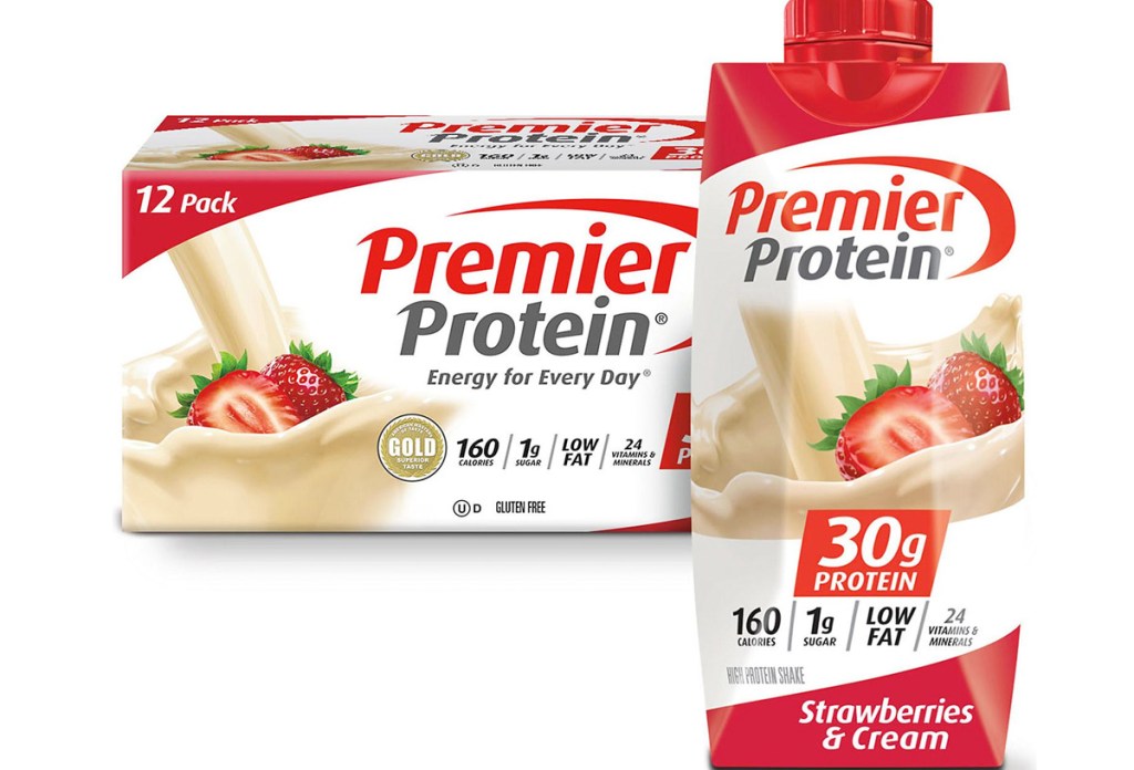 12-pack of strawberry cream premier protein shakes with one bottle in front of box