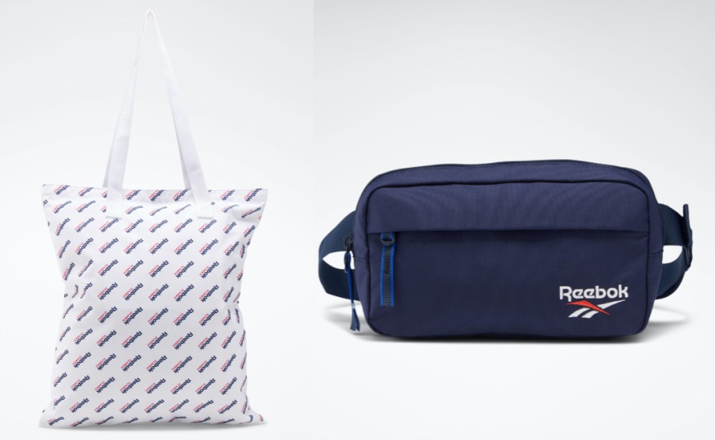 white logo shopper bag and navy logo waistbag