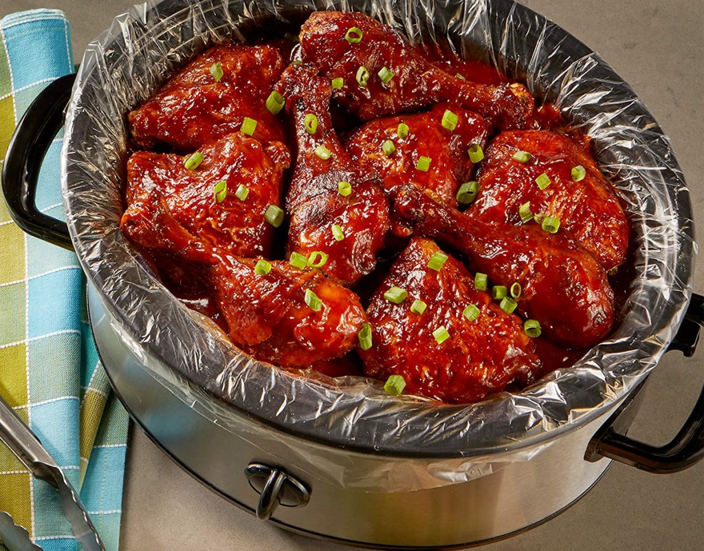 crockpot with chicken and crock pot liner