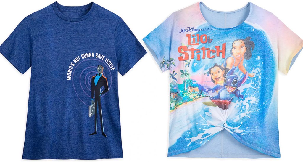 blue graphic lance sterling adult shirt and womens lilo and stich graphic shirt with knot in middle