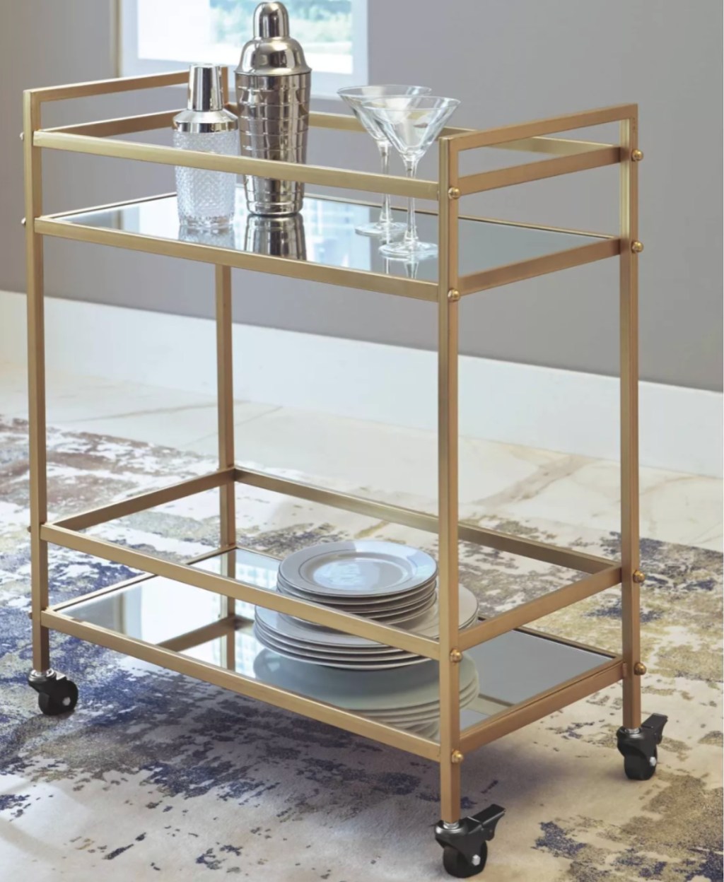 Signature Design by Ashley Kailman Bar Cart Gold Finish in home