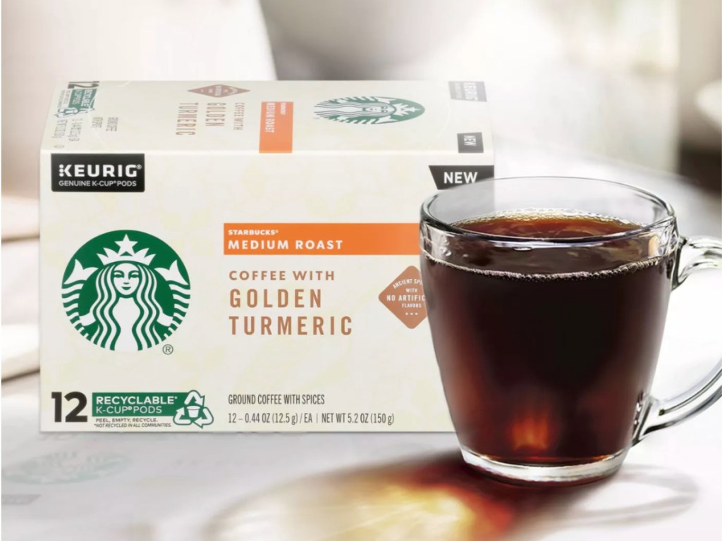 box of Starbucks Golden Turmeric K Cups with cup of coffee