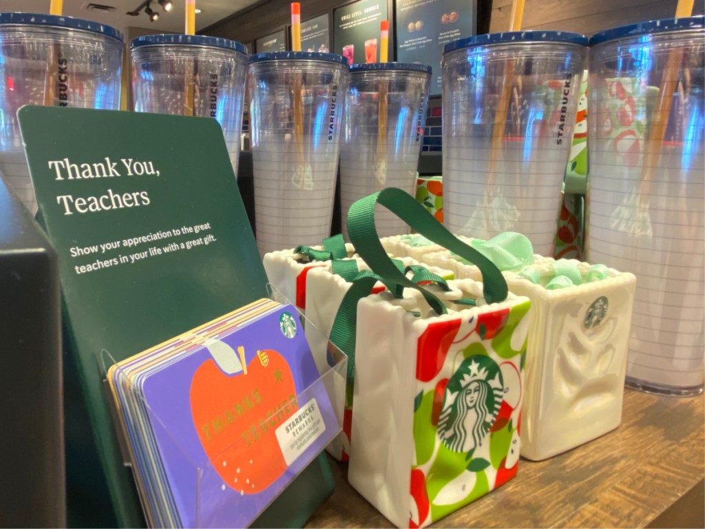 shelf with Starbucks Teacher Gifts