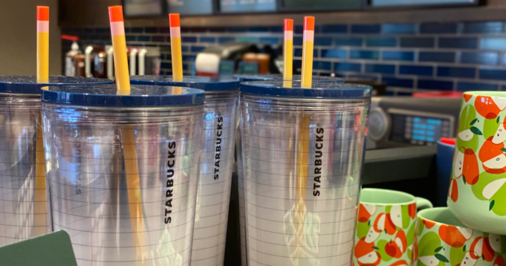 shelf with Starbucks Teacher Notebook Tumbler w Pencil Straw and other cups in store