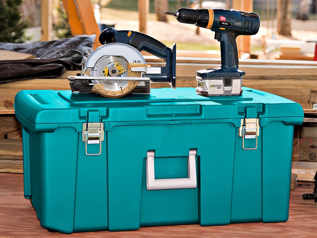 Sterilite Footlocker in garage with power tools