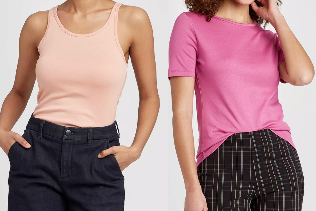 models showing light pink tank and bright pink crew neck tee