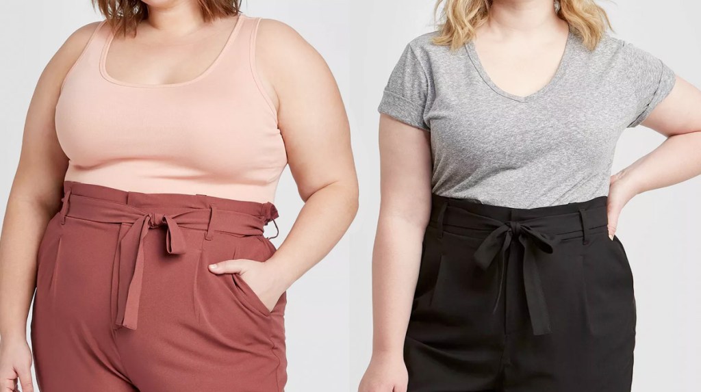 models showing pink tank top and grey v-neck tee