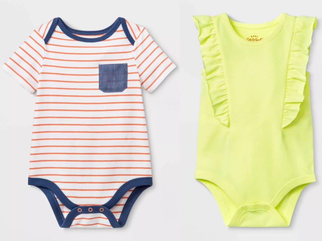 2 baby bodysuits next to each other