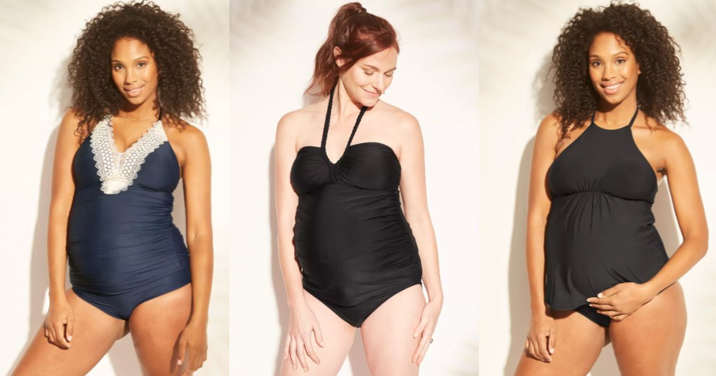 three women wearing black and navy maternity swim suit tops
