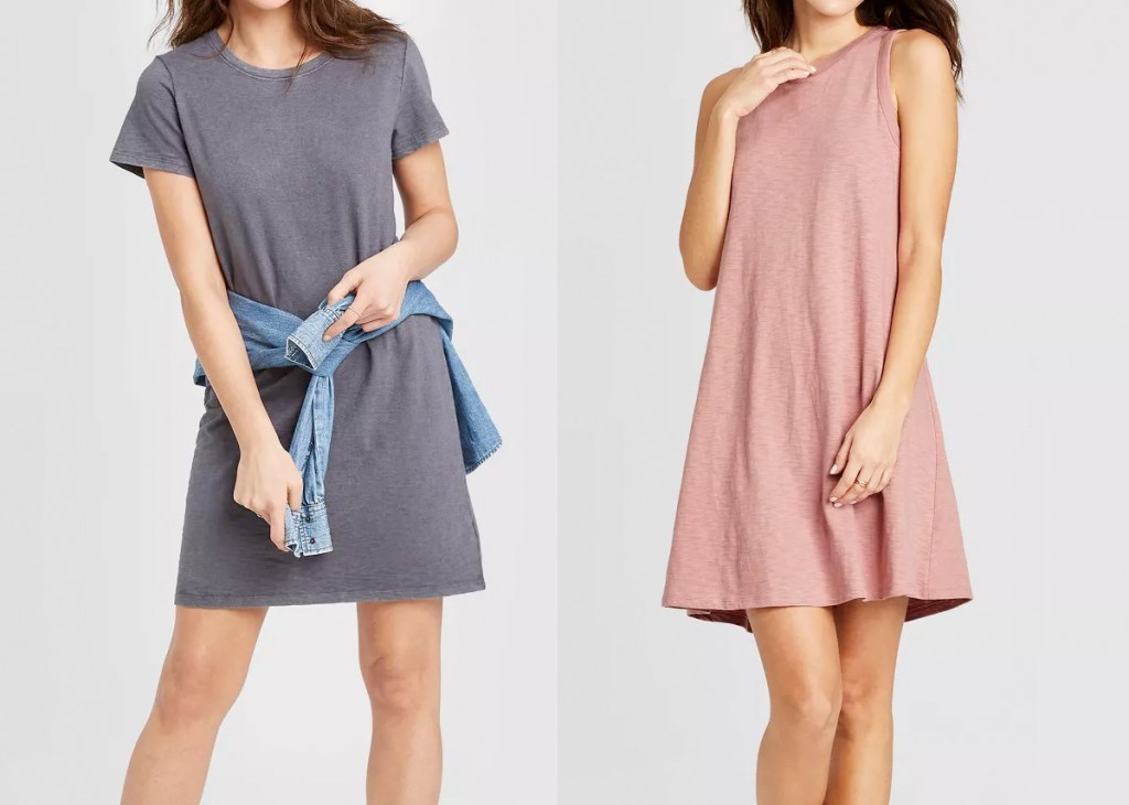 models showing grey tshirt dress and pink tank dress