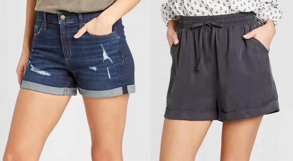 modeling showing a pair of denim shorts and grey shorts with tie waistband