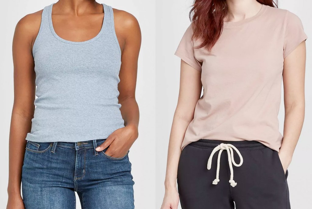 models showing light blue tank and pink crew neck tee