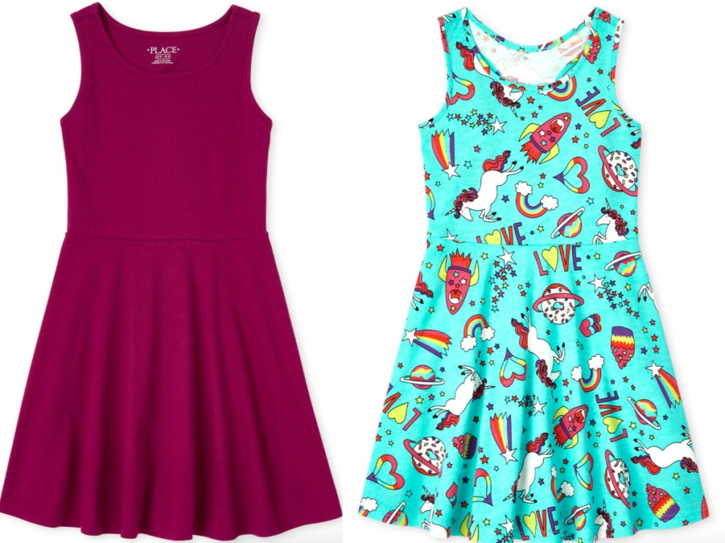 two sleeveless children's place dresses side by side