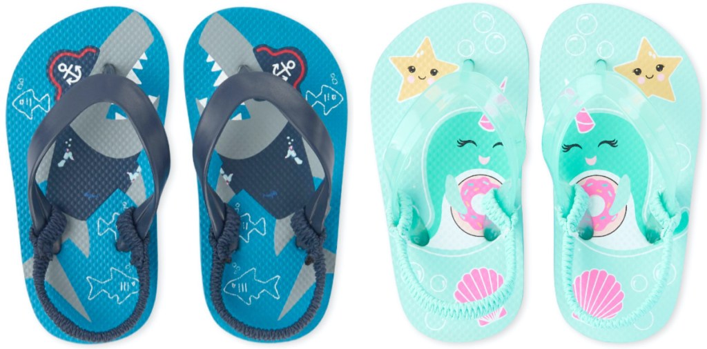 toddler boys blue shark flip flops and toddler girls blue narwhal flip flops