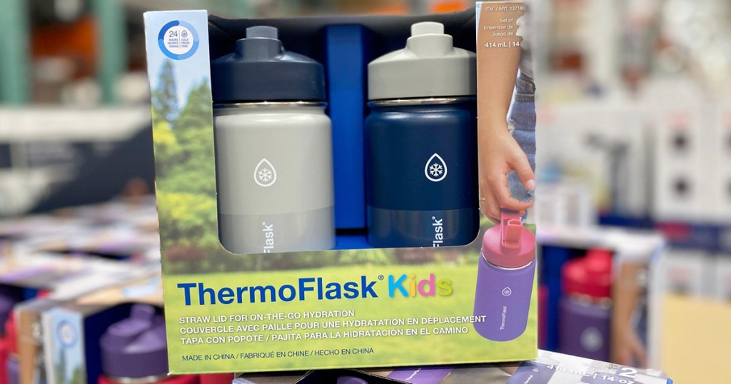 blue and white two pack of thermoflask brand kids water bottles