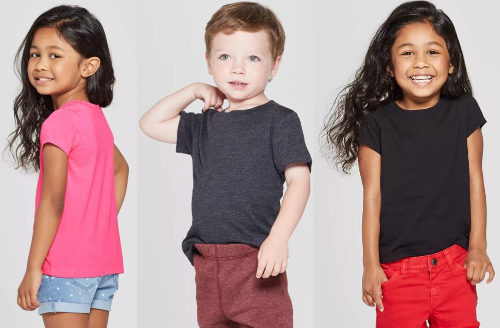 toddlers wearing target tops in pink, grey, and black