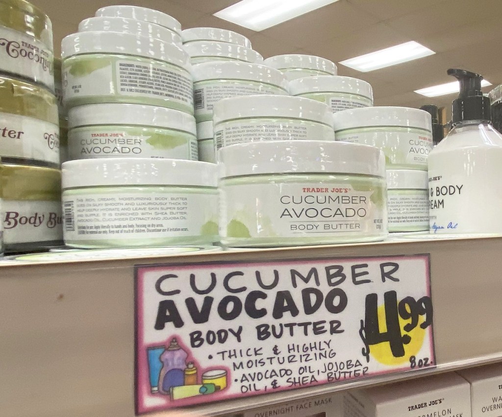 white containers of Trader Joe's Cucumber Avocado Body Butter on store display shelf