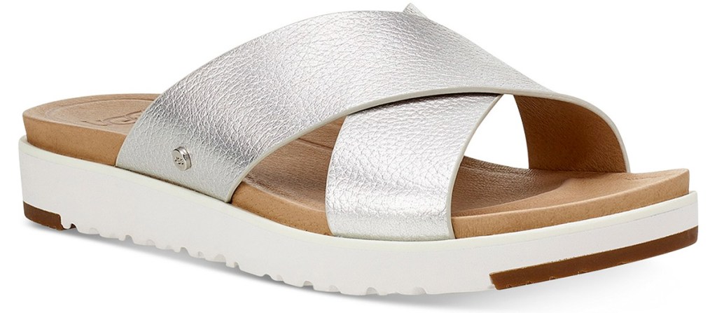 metallic silver criss-cross footbed sandals