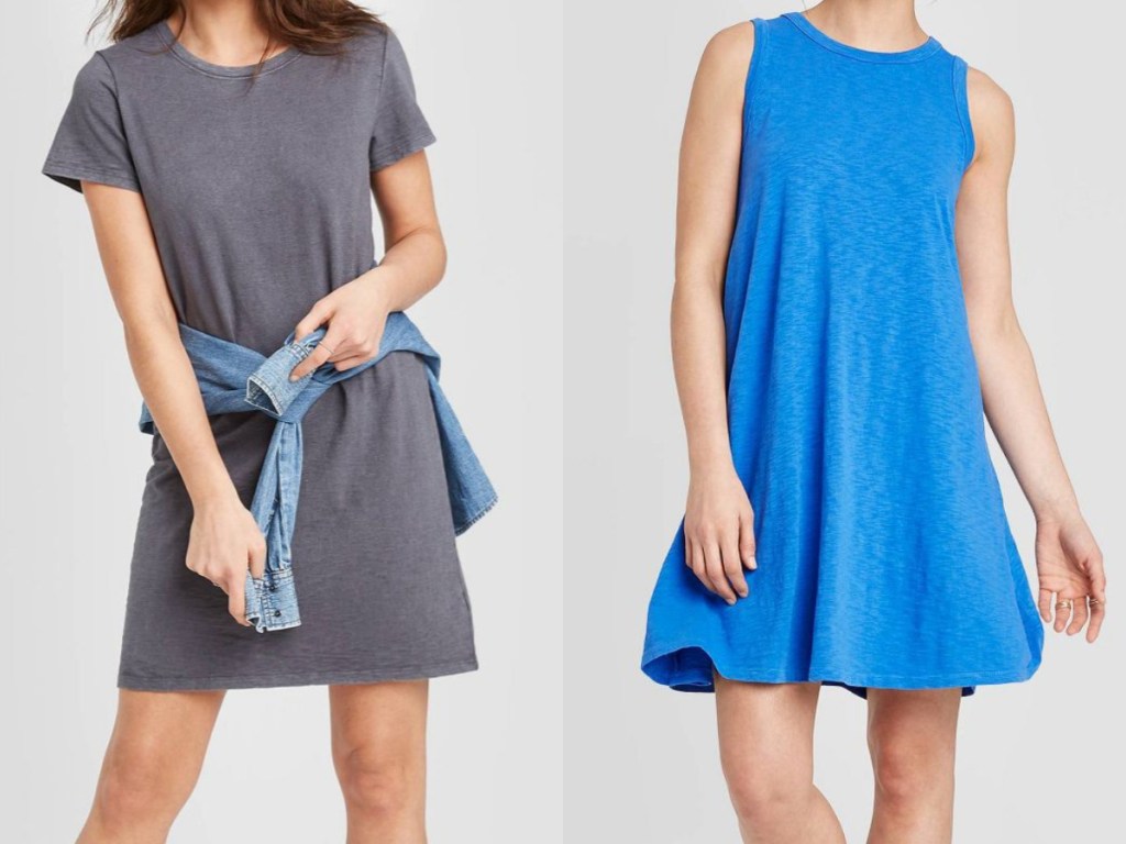 woman in grey t-shirt dress with denim jacket around waist and woman in blue sleeveless dress