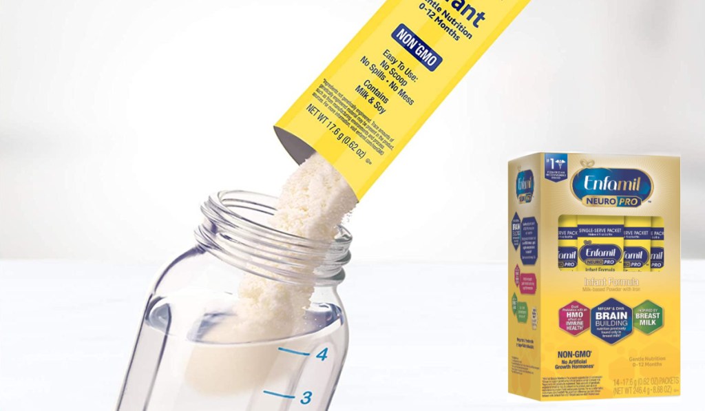 enfamil neuropro single serve packets poured into baby bottle