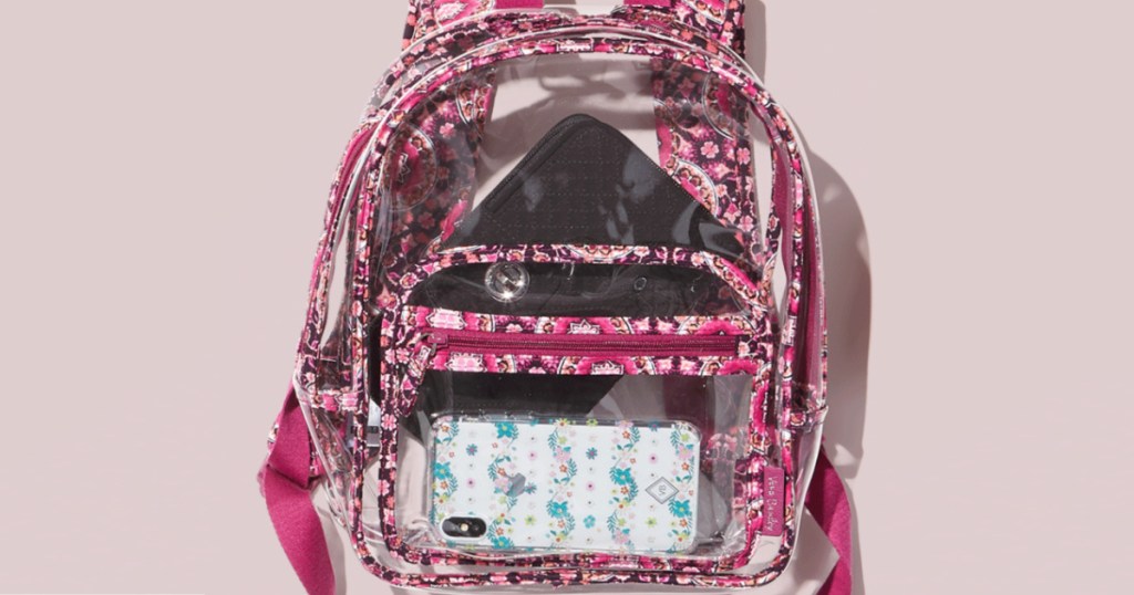 pink floral and clear backpack with light pink background