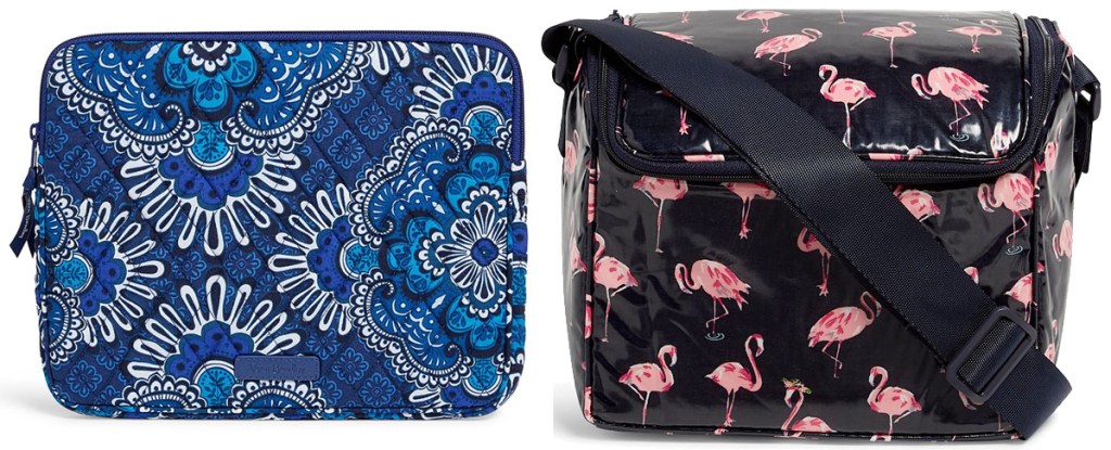 blue medallion print tablet sleeve and black with pink flamingo print lunch cooler