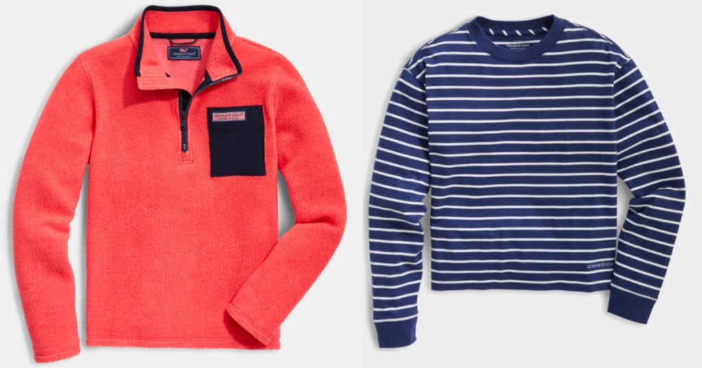 vineyard vines bright orange pullover and navy blue striped top