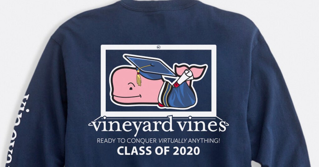 navy blue long sleeve tee with pink whale in graduation cap and gown